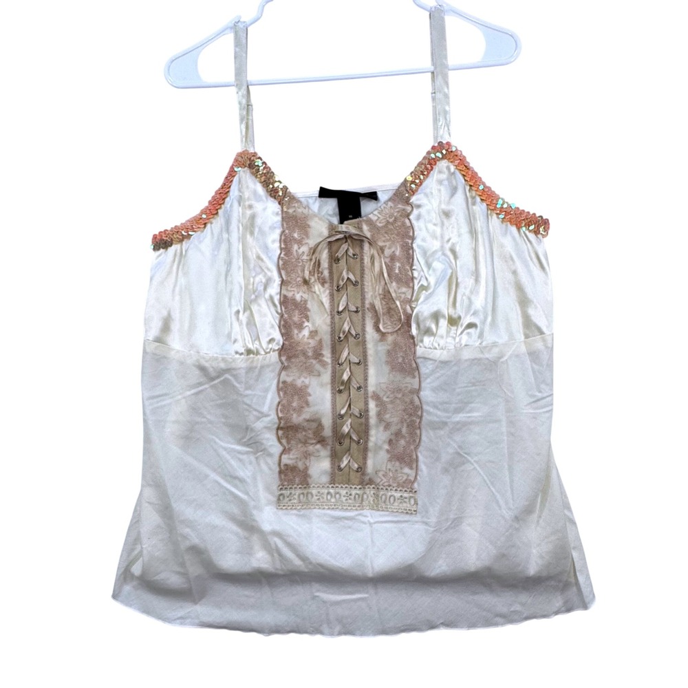 Vintage Y2K Cami Tank Top Women 16 Cream Lace-Up Sequin Coquette Romantic Luxe